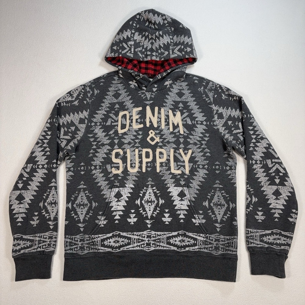 Denim & Supply Ralph Lauren Hoodie Men's M Gray Aztec Spellout Pocket Fleece